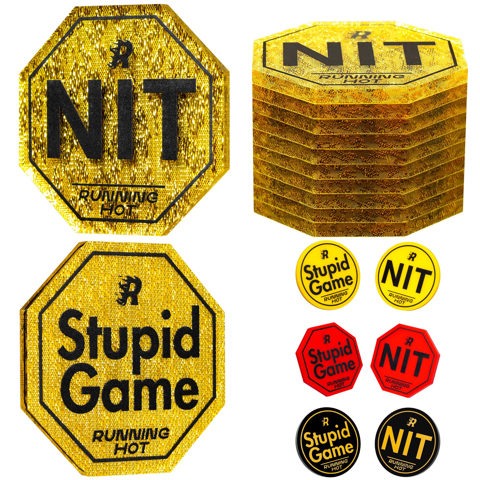 RUNNING HOT nit-button-10pc-set on table enables dynamic poker nights.