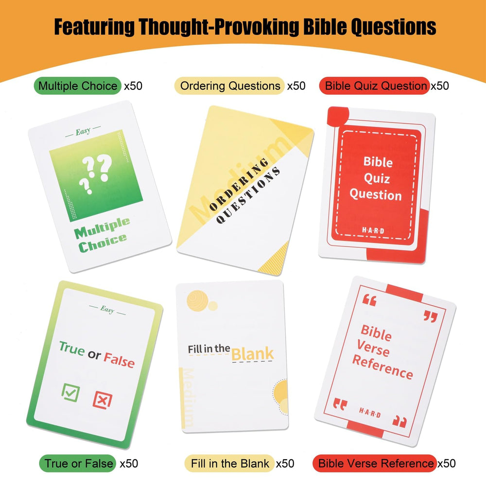RuRu Monkey Bible Trivia cards spread shows diverse question types for varied gameplay.