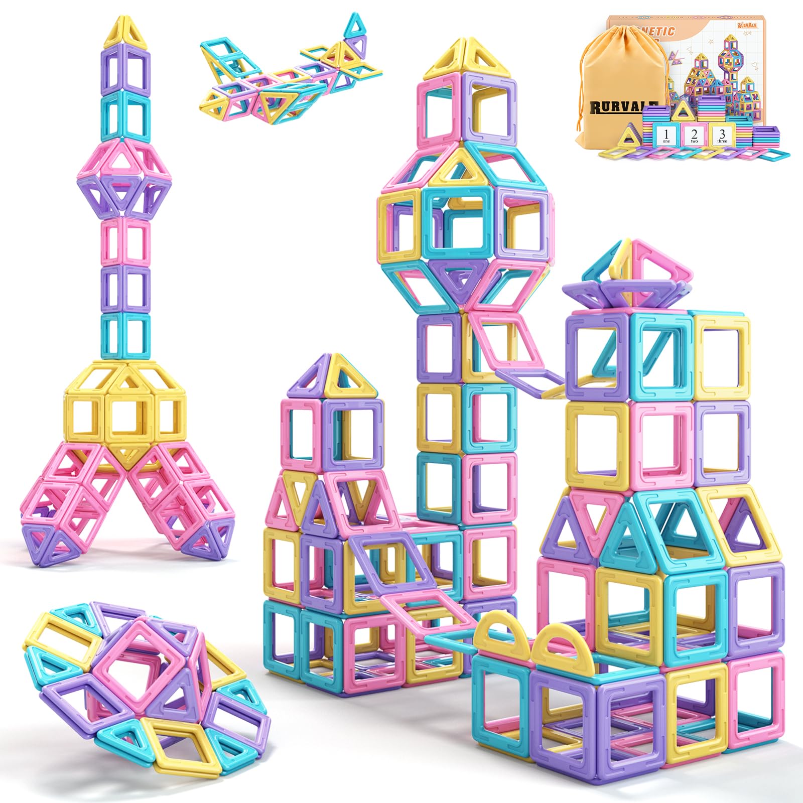 Rurvale 44-piece magnetic tiles with square and triangle pieces for creative building.