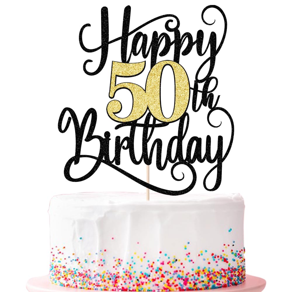 Ruscalin happy 50th birthday cake topper on cake, festive focal point.