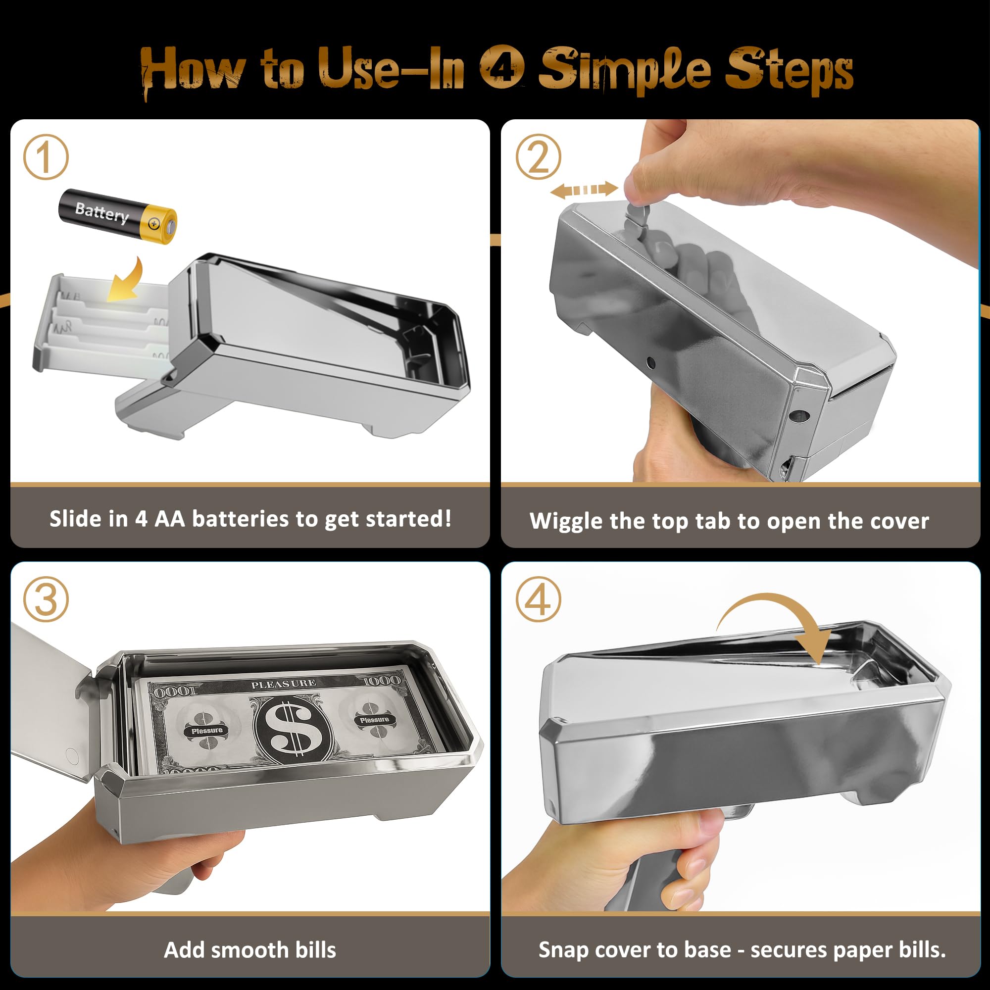 RUVINCE Money Gun four-battery design supports longer play.