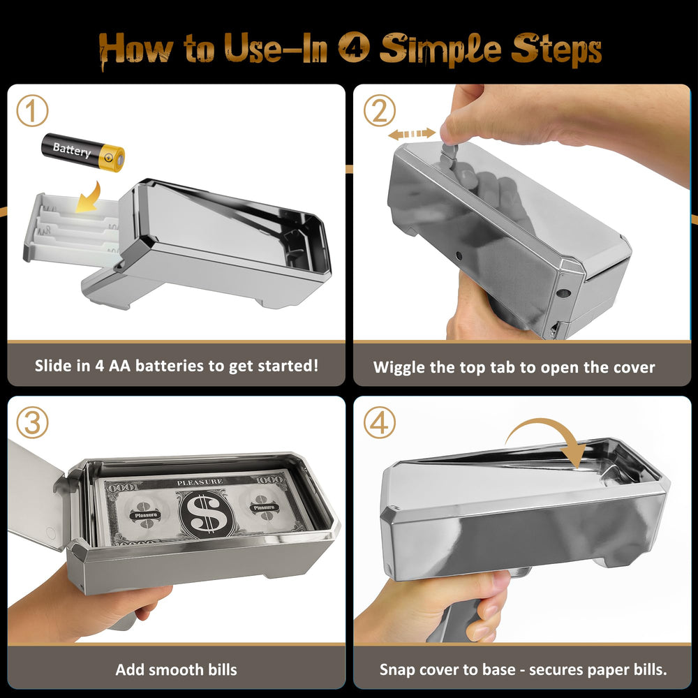 RUVINCE Money Gun four-battery design supports longer play.