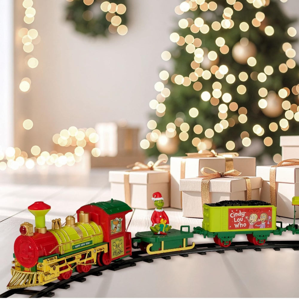 Ruz Grinch Holiday Express 9-foot track layout enables flexible holiday setups.