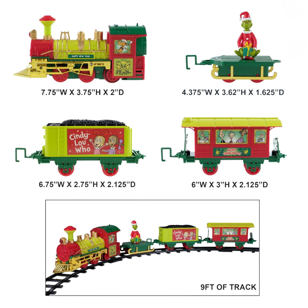 Ruz Grinch Holiday Express carriages showcase vibrant graphics for cheerful table decor.