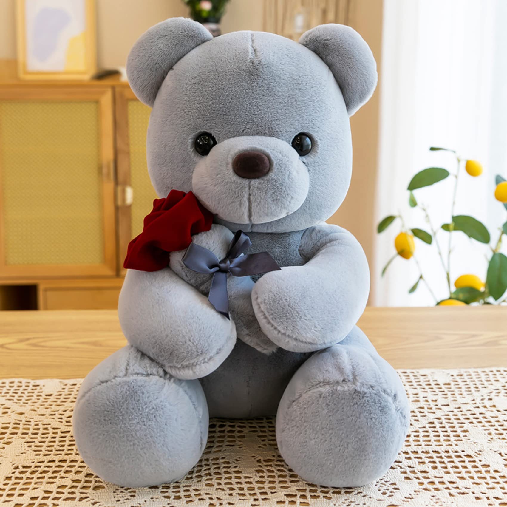 Ruzucoda plush teddy Gray 9in with rose, a soft cuddle buddy for gifting