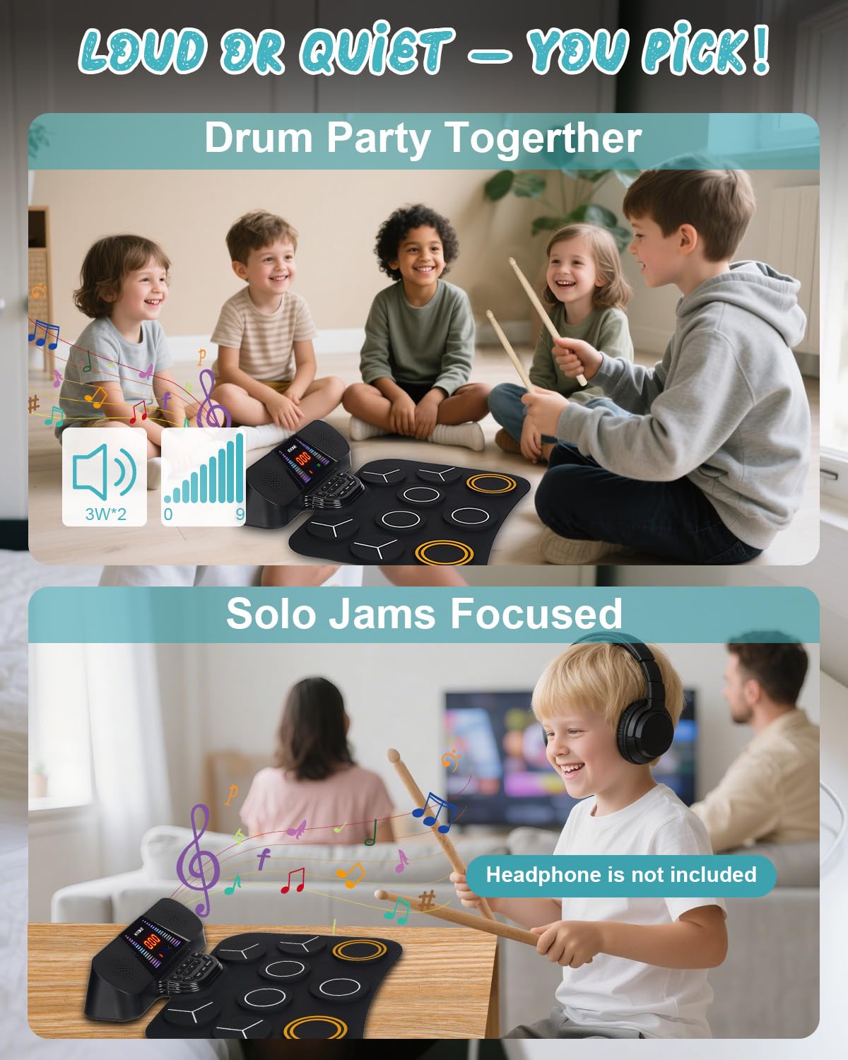 RVONE drum pad built-in speakers deliver full-range audio.