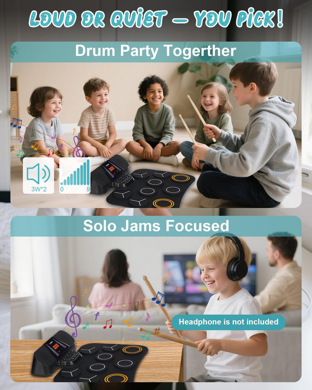 RVONE drum pad built-in speakers deliver full-range audio.