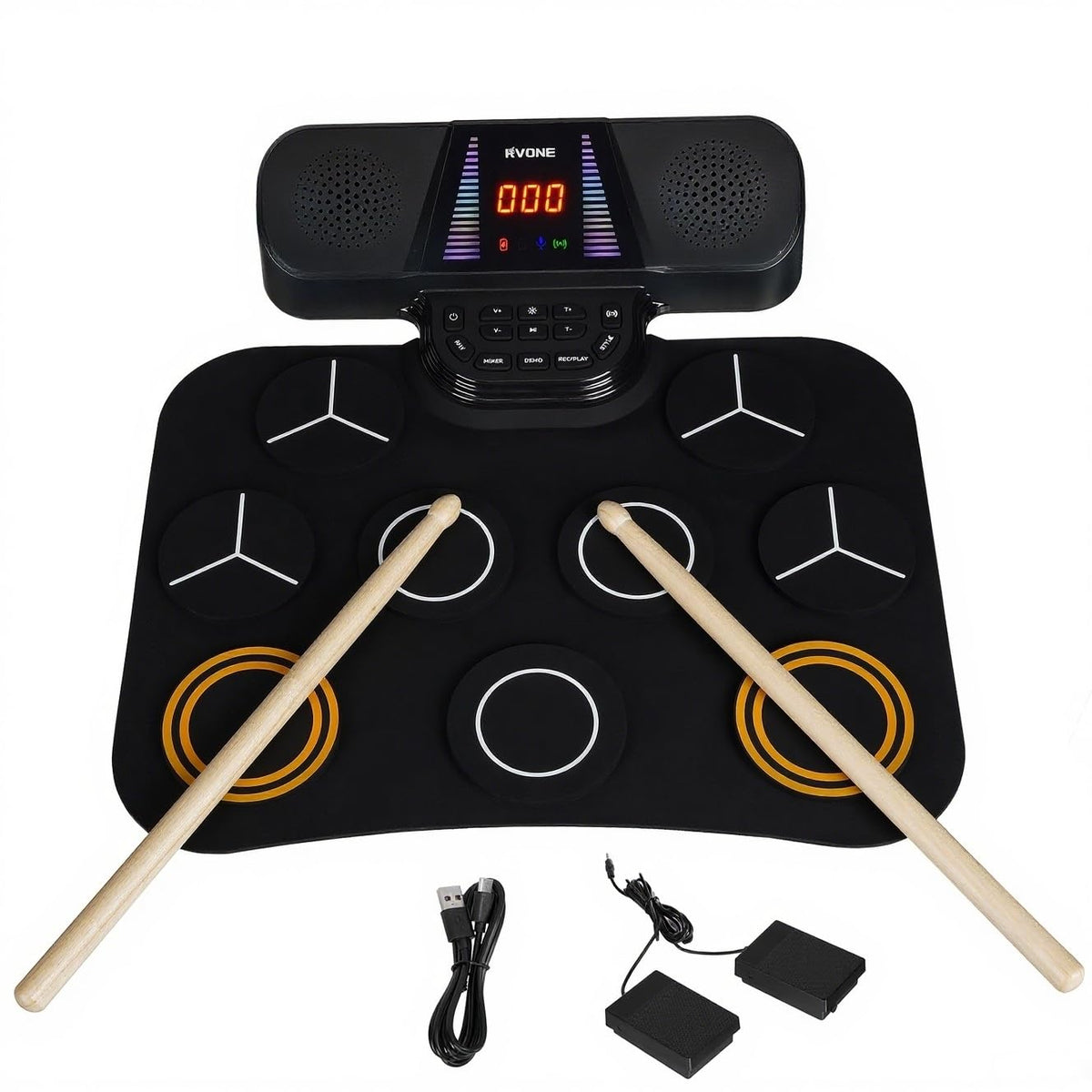 RVONE drum pad in a kids setup with roll-up design for easy practice.