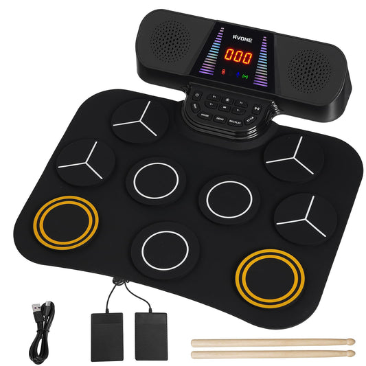 RVONE electric drum set for kids with 9 pads and tactile bass feedback.