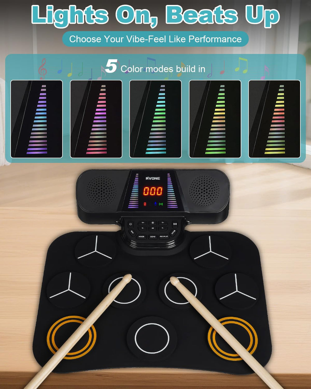 RVONE kids drum kit with 3W stereo speakers for home practice.