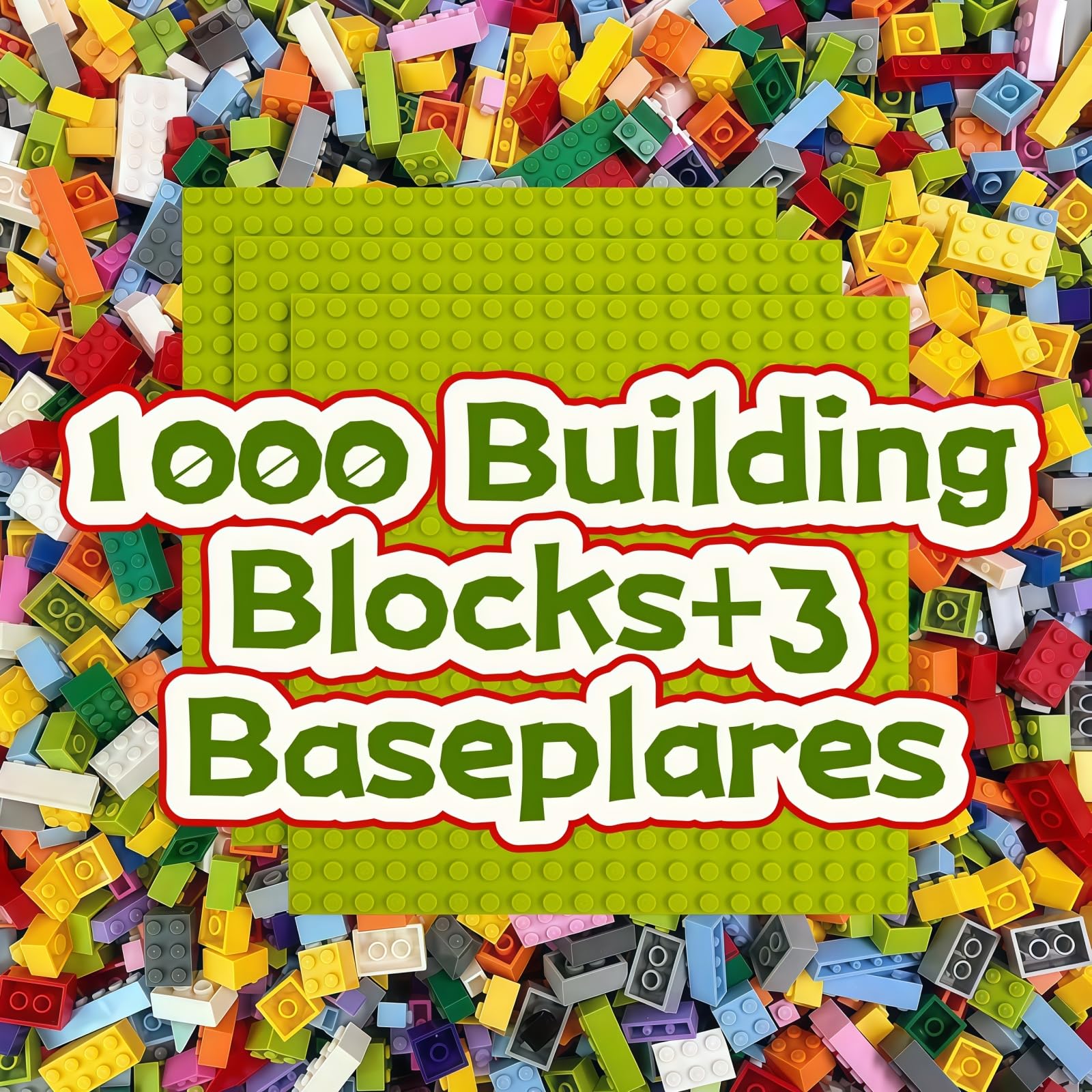 RWDTER 1000-pieces bulk bricks with 3 baseplates for creative play and learning.