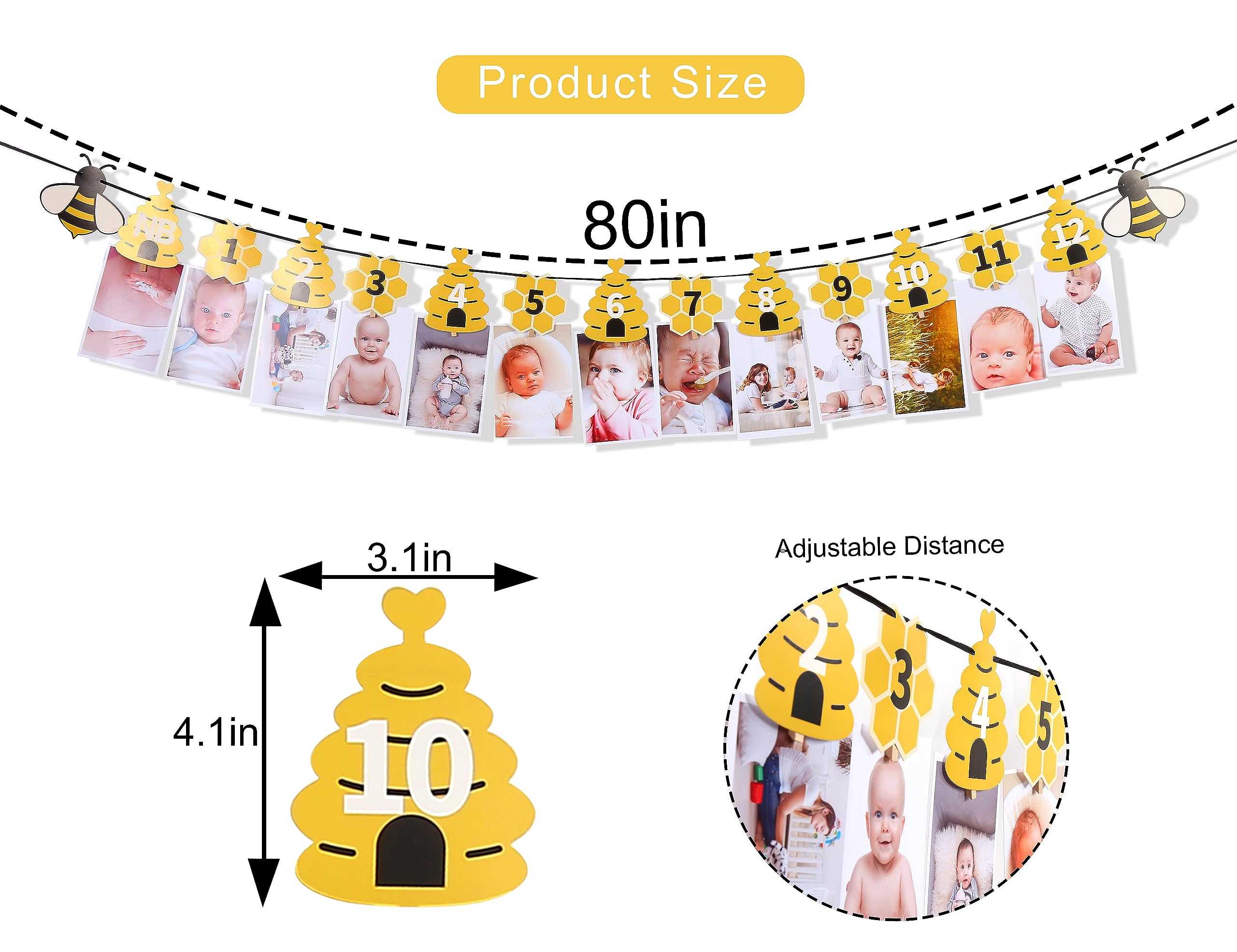 Rweseo Bee first birthday photo banner 12 months highlights baby's growth milestones.