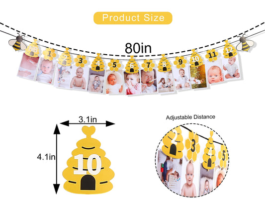 Rweseo Bee first birthday photo banner 12 months highlights baby's growth milestones.