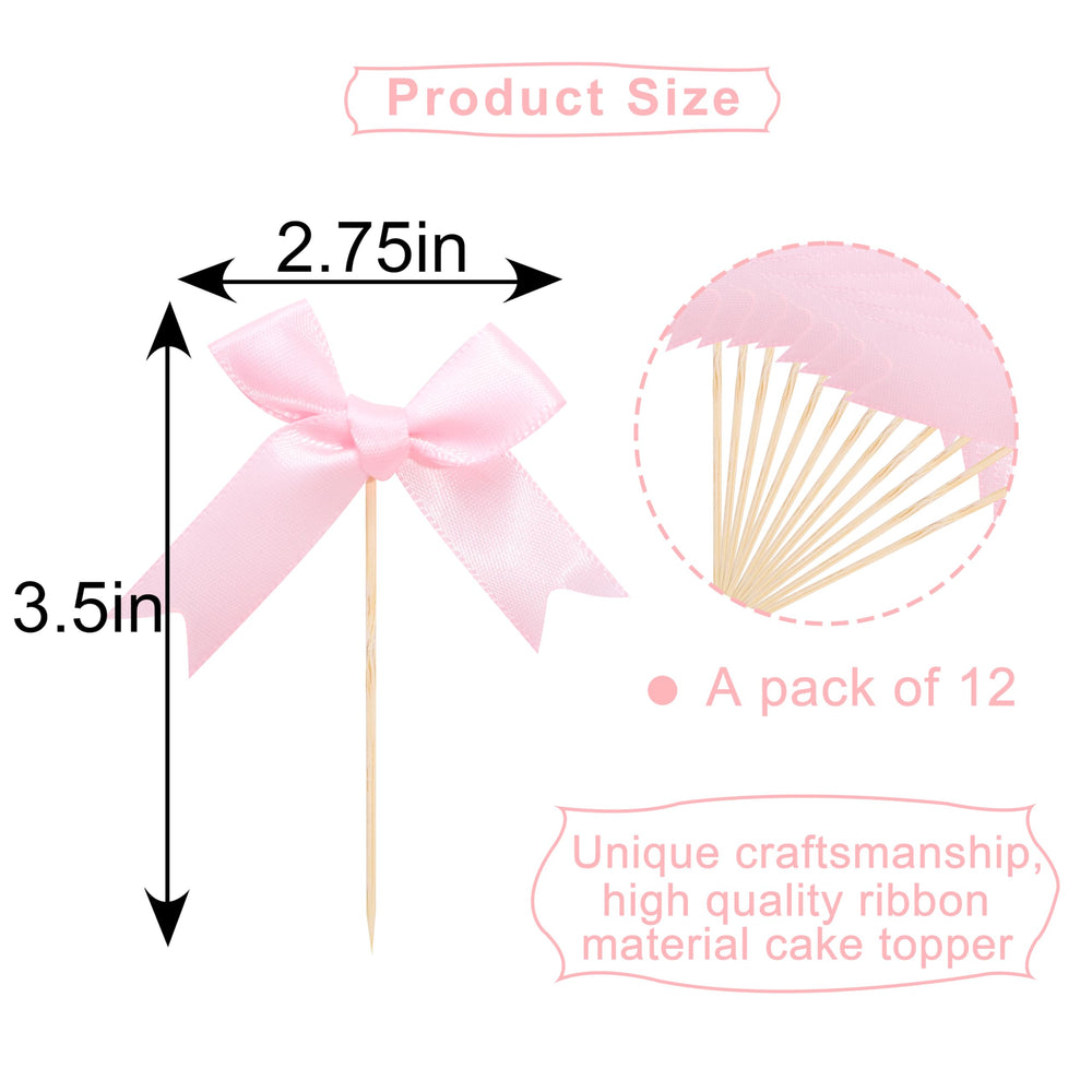 Rweseo Coquette Pink Bow Cupcake Topper close-up with hidden toothpick for stability.