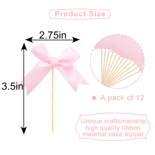 Rweseo Coquette Pink Bow Cupcake Topper close-up with hidden toothpick for stability.