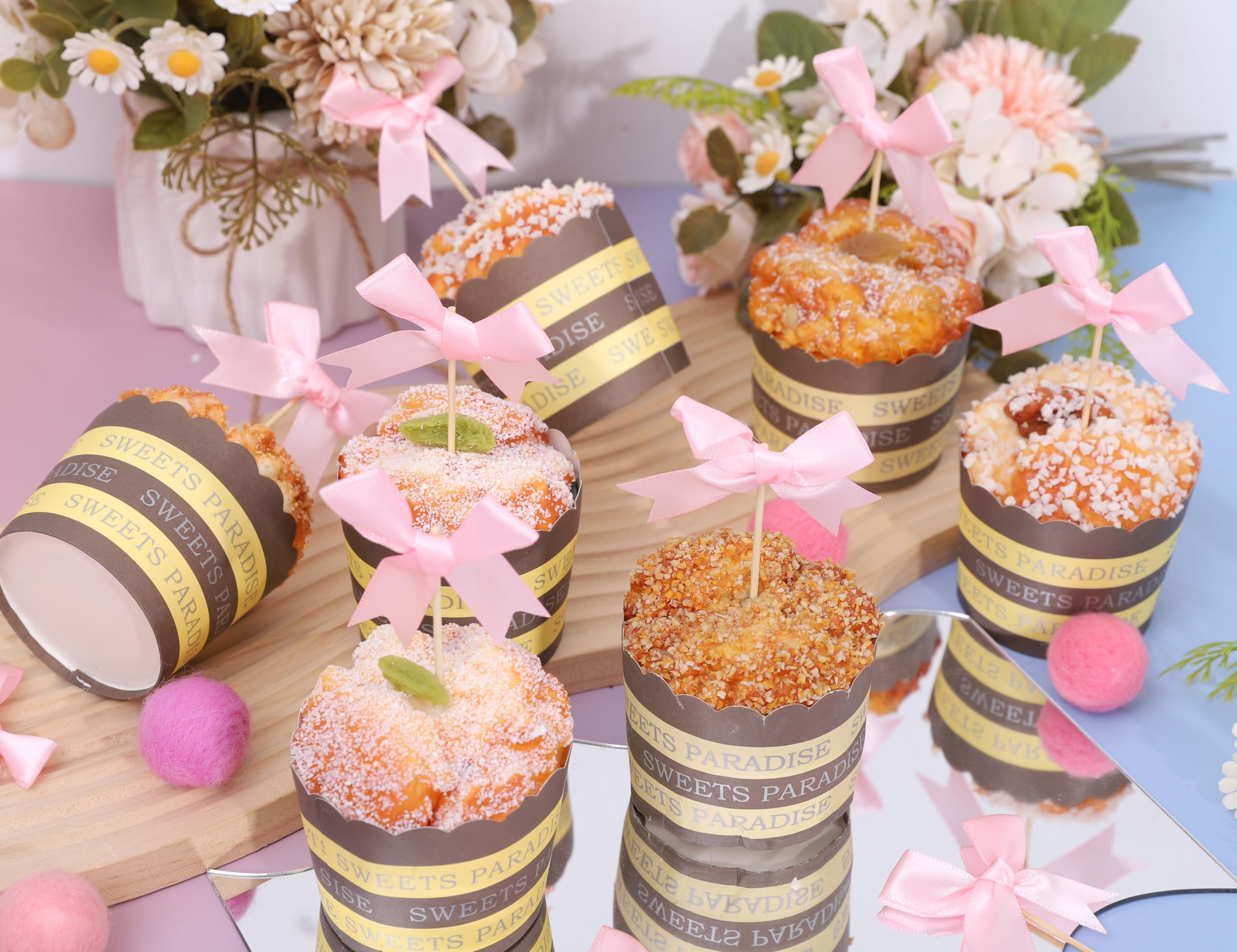 Rweseo Coquette Pink Bow Cupcake Topper decor for feminine celebrations.