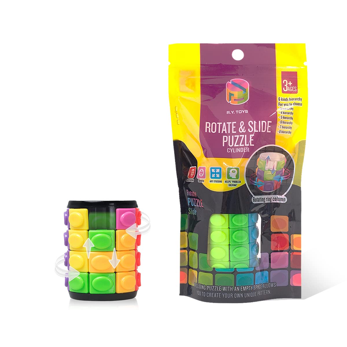 R.Y.TOYS Rotate and Slide Puzzle cube with eight colors for focused, engaging play.