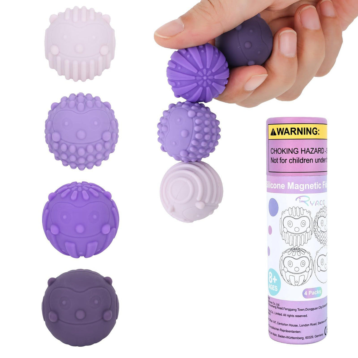 Ryaco magnetic fidget balls in purple packaging for calm desk use