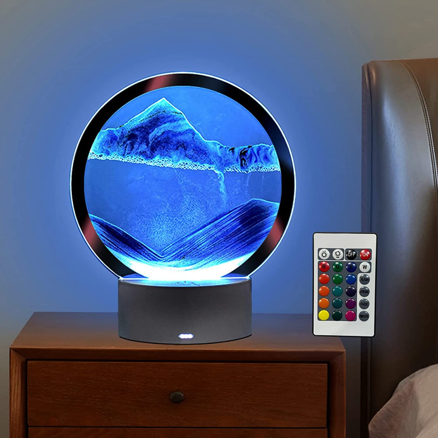 rysnswsu moving sand art round blue glass frame for calming desk decor.