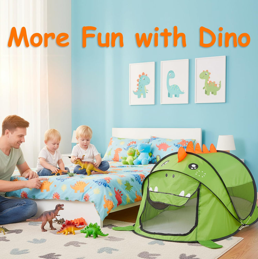 Ryssin green dinosaur tent interior for imaginative play sessions.