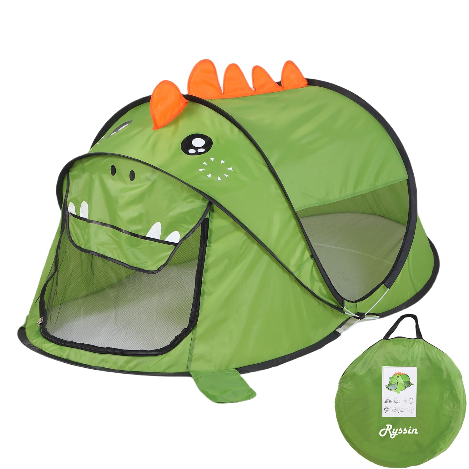 Ryssin green dinosaur pop-up tent opened for spacious toddler play.