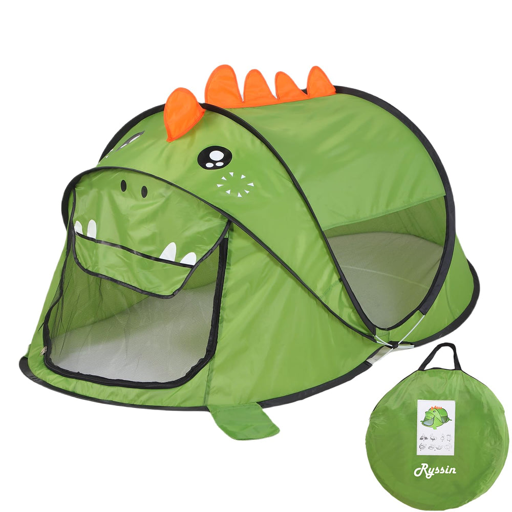 Ryssin green dinosaur pop-up tent opened for spacious toddler play.