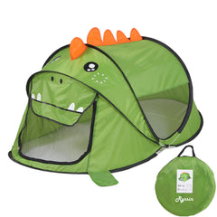 Ryssin green dinosaur pop-up tent opened for spacious toddler play.