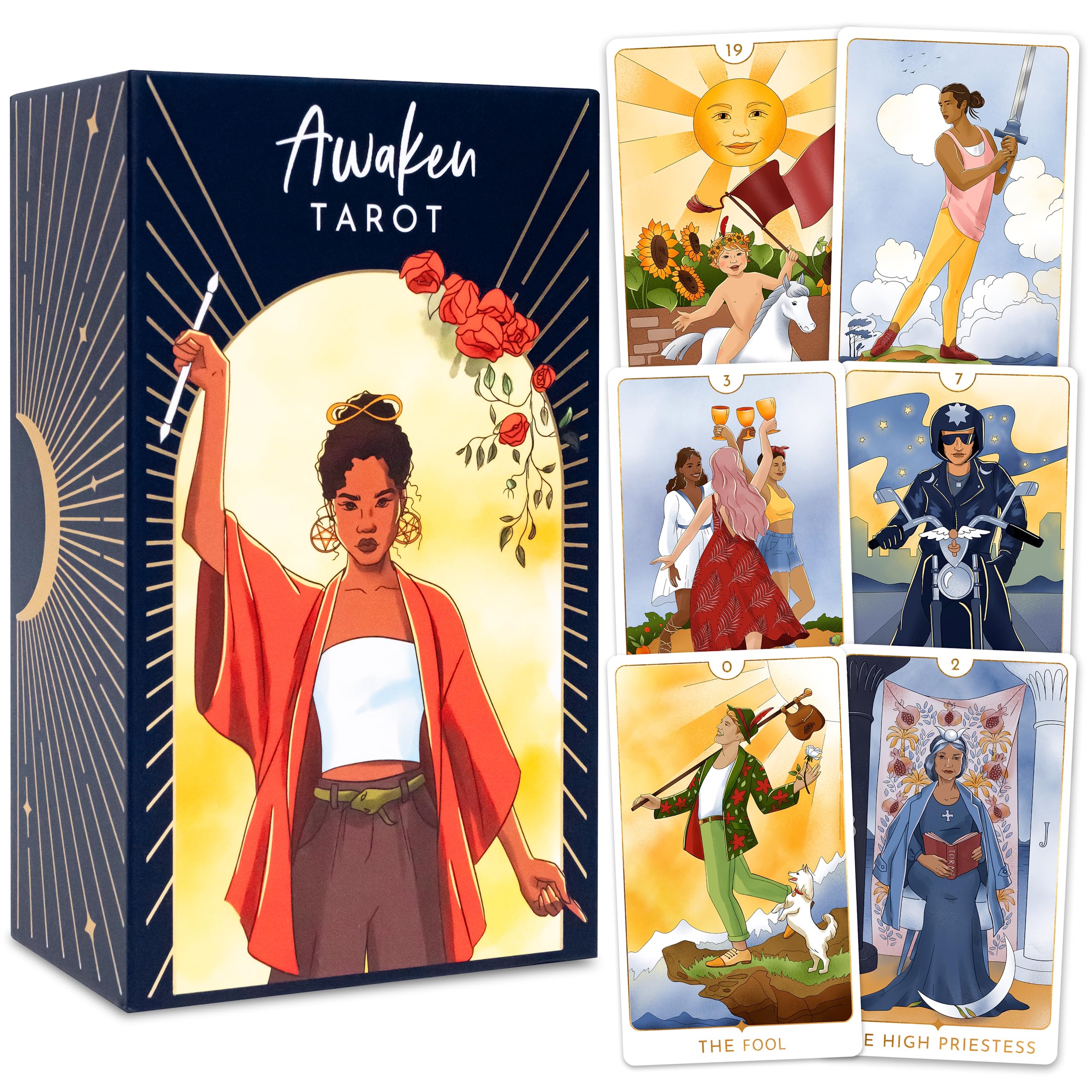RYVE Awaken tarot cards box front with guide book for at-home readings.