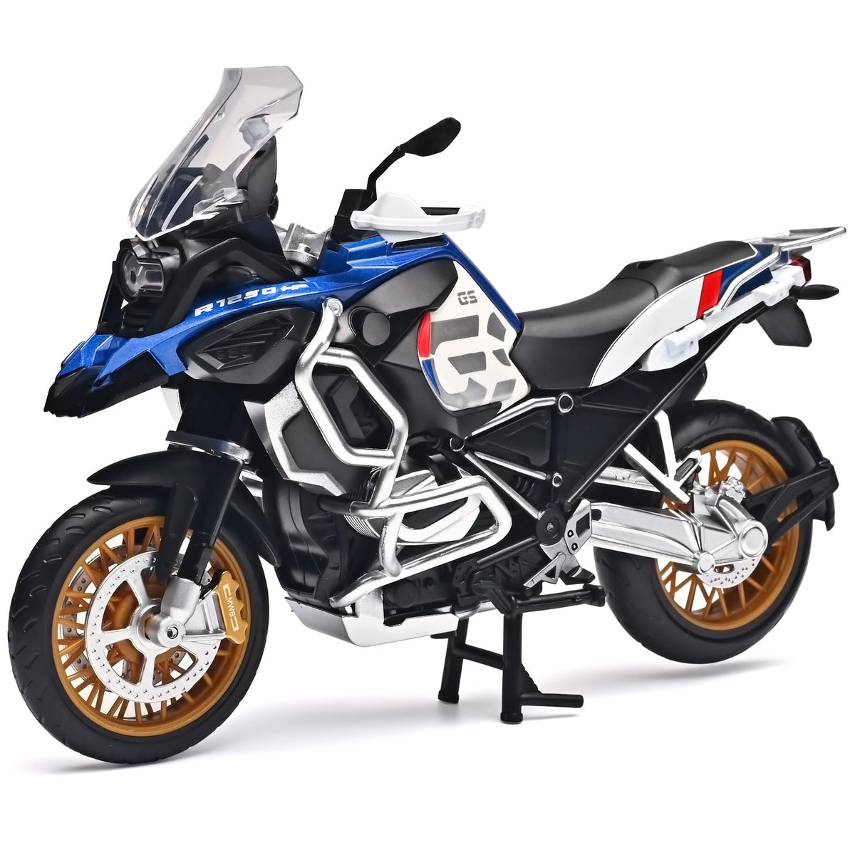 RZAPE diecast R1250 GS ADV model with steerable front wheel for interactive play.
