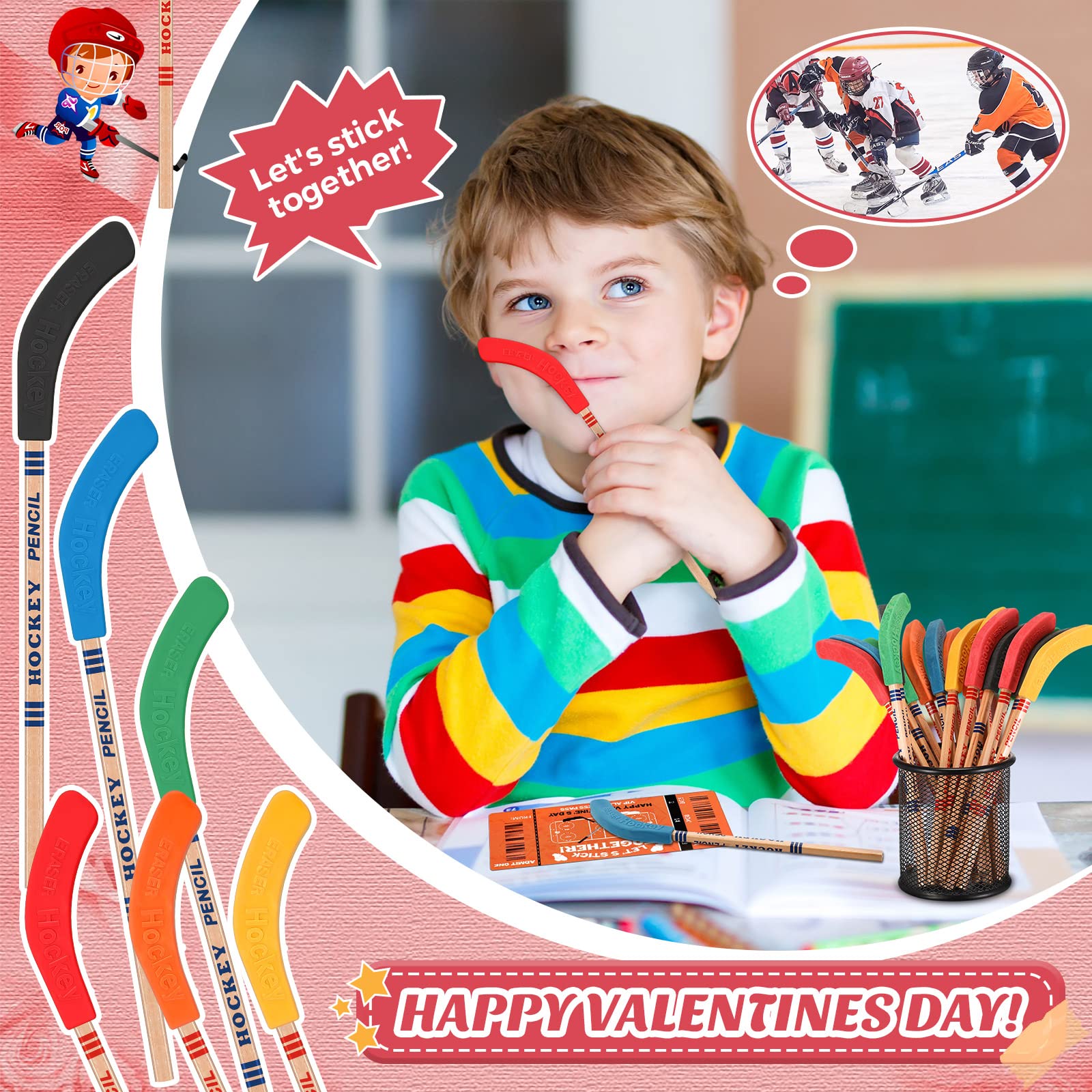 Sabary valentines hockey favors classroom, enhances party atmosphere.