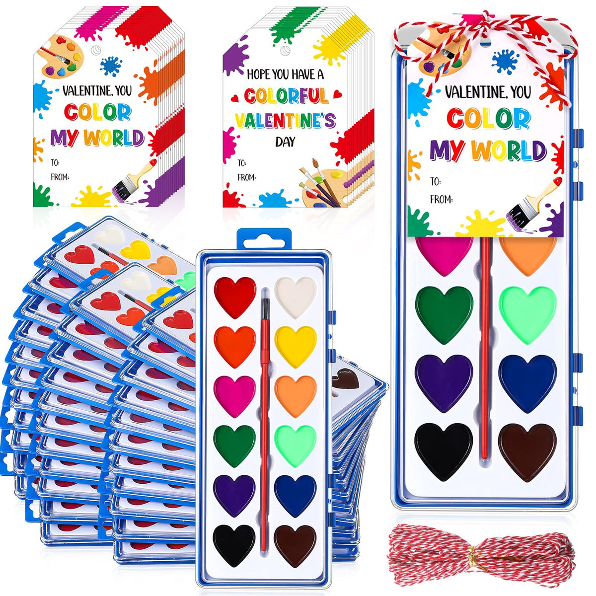 Sabary Valentines watercolor paint set packaging showing paints, cards, and rope for creative gifting