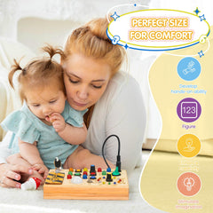 Sabdrau Montessori Busy Board LED lights aid color recognition and fine motor practice.