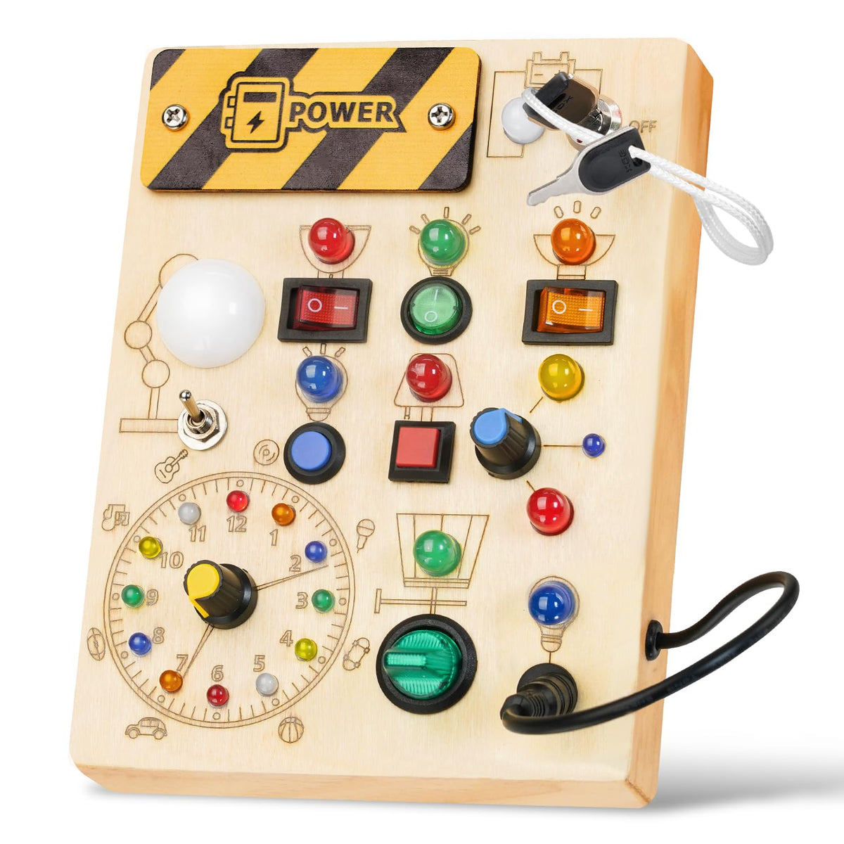 Sabdrau Montessori Busy Board switches and lights support sensory exploration for toddlers.