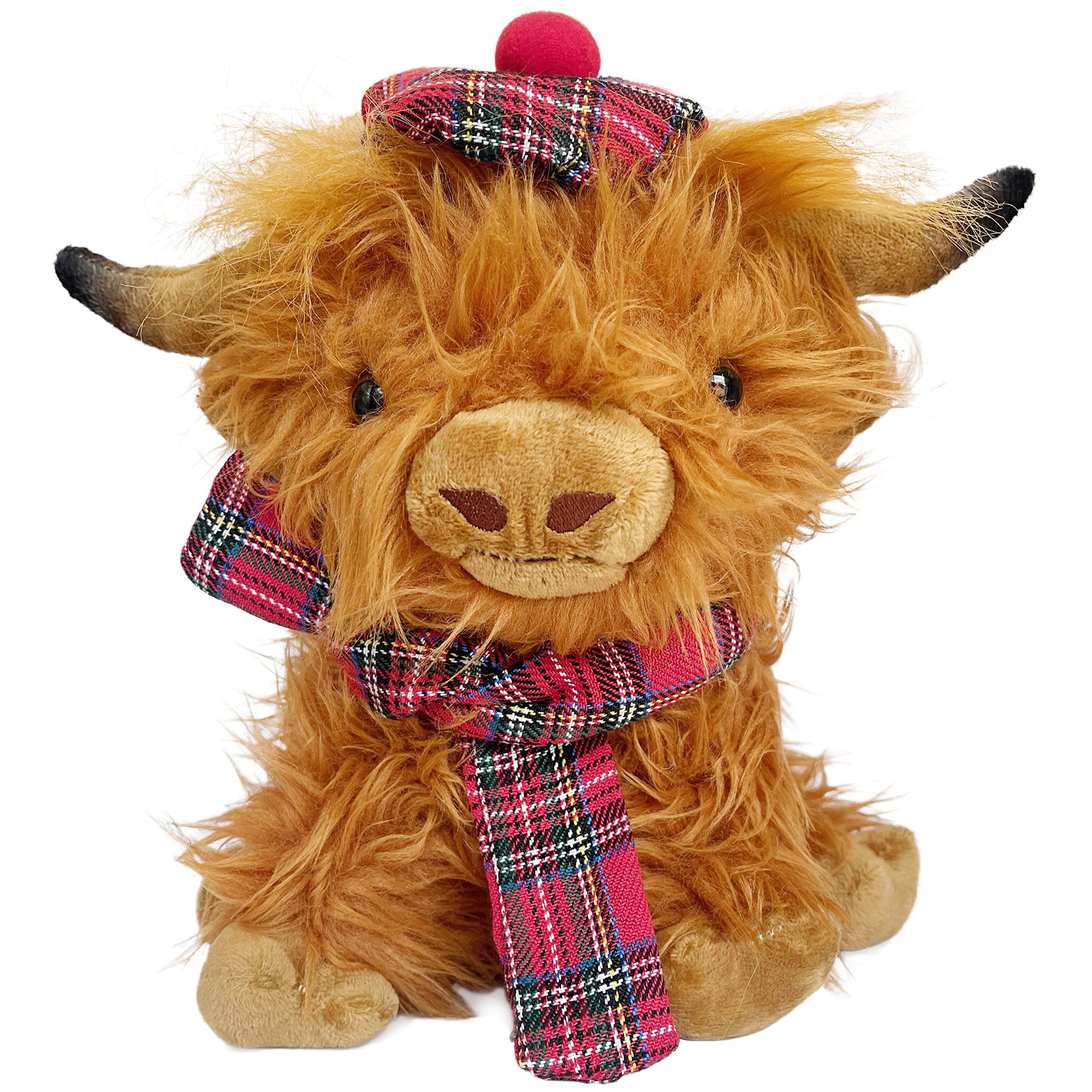 SaBrissi Wilbur Highland Cow plushie front view with tartan scarf offers cozy snuggles.