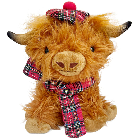 SaBrissi Wilbur Highland Cow plushie front view with tartan scarf offers cozy snuggles.