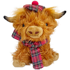SaBrissi Wilbur Highland Cow plushie front view with tartan scarf offers cozy snuggles.
