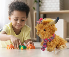 SaBrissi Wilbur Highland Cow with tartan scarf emphasizes Scottish charm.