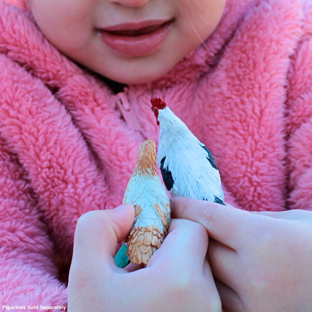 Safari Ltd Ameraucana chicken figurine with educational hangtag supports multilingual classroom learning.