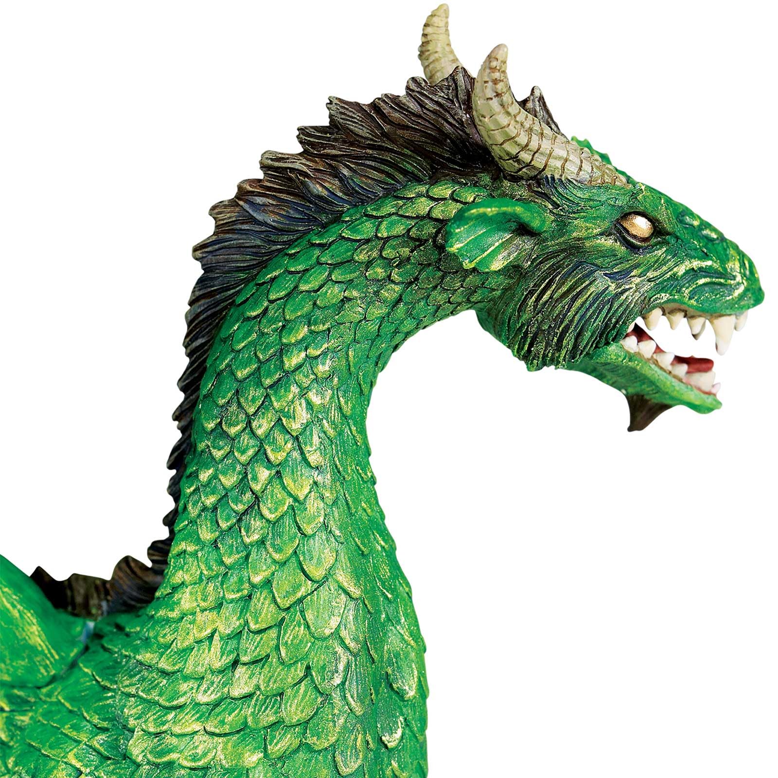 Safari Ltd Forest Dragon figurine dark green color with silver accents for shelf display.