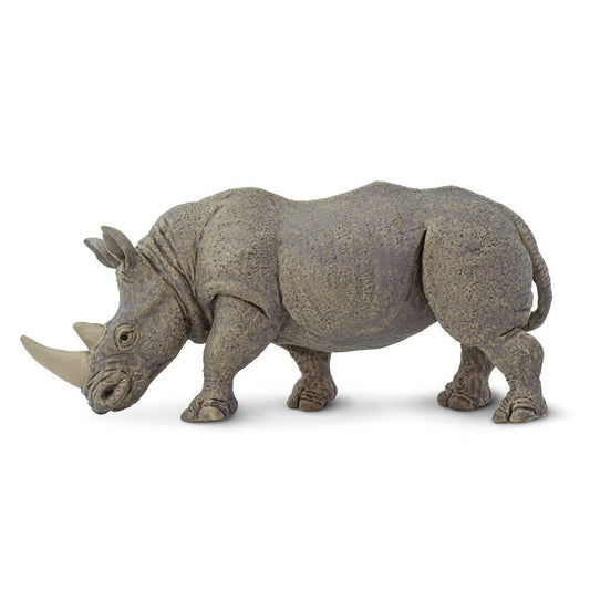 Safari Ltd white rhino figurine side view highlights durable, kid-friendly wildlife model.