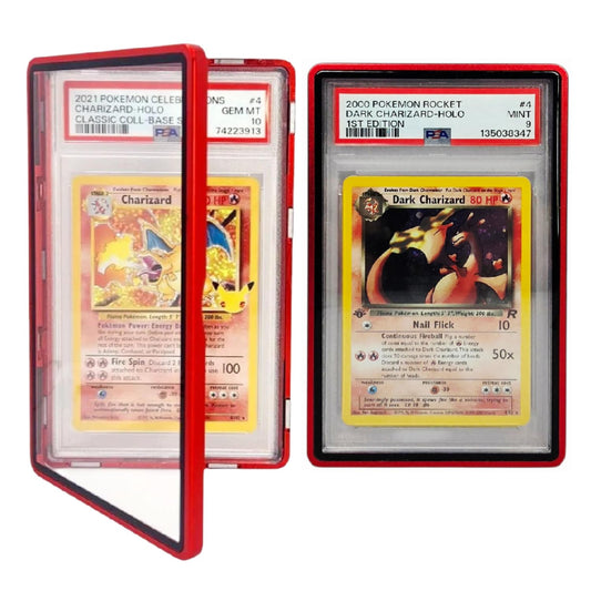 Safeguard metal PSA slab bumper case red front view protects graded cards from impact.