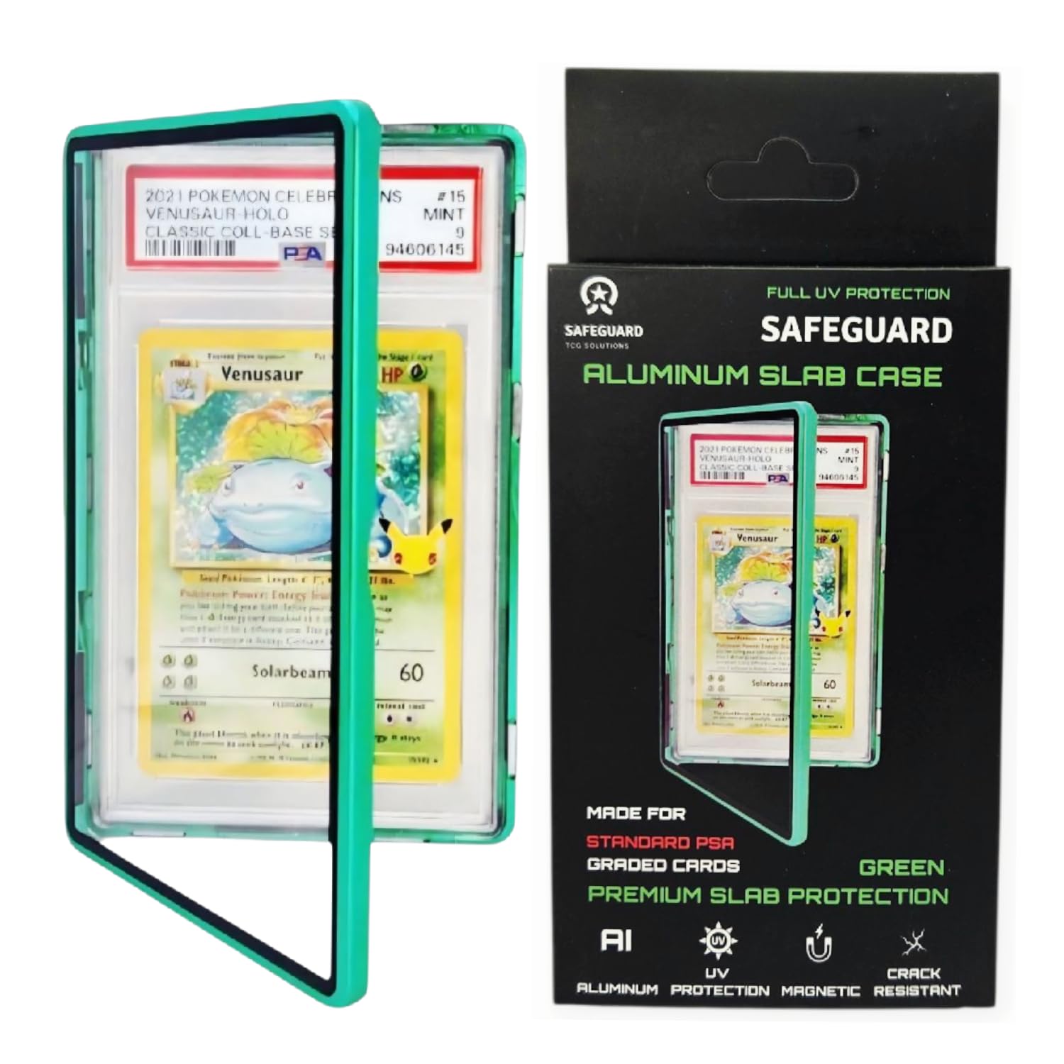 Safeguard TCG green bumper case side view showing magnetic connection for stacking