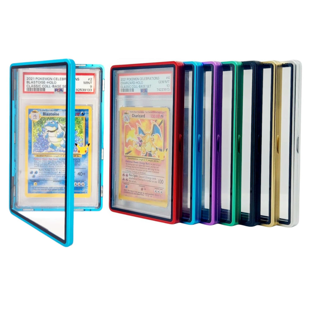 Safeguard TCG Solutions blue case enhances graded-card protection during display.