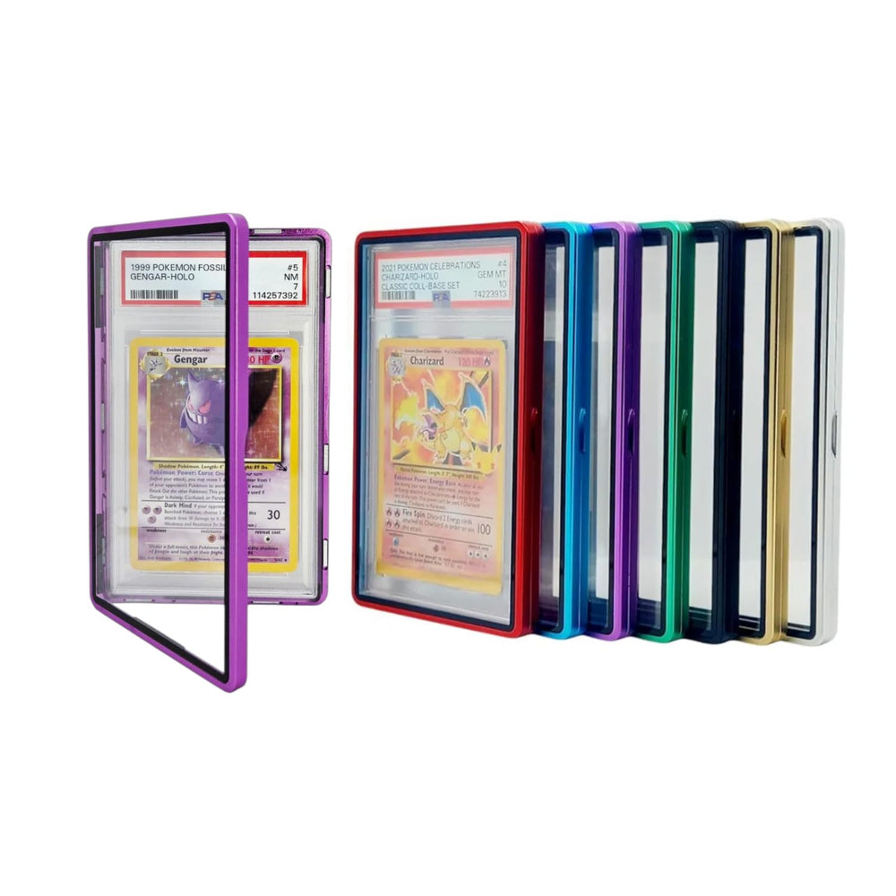 Safeguard TCG Solutions purple metal PSA slab bumper case, front angle view, sturdy aluminum frame.