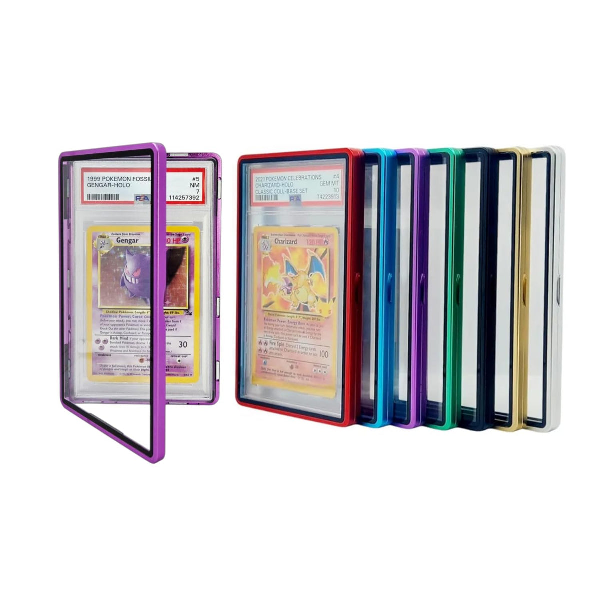 Safeguard TCG Solutions purple metal PSA slab bumper case, front angle view, sturdy aluminum frame.