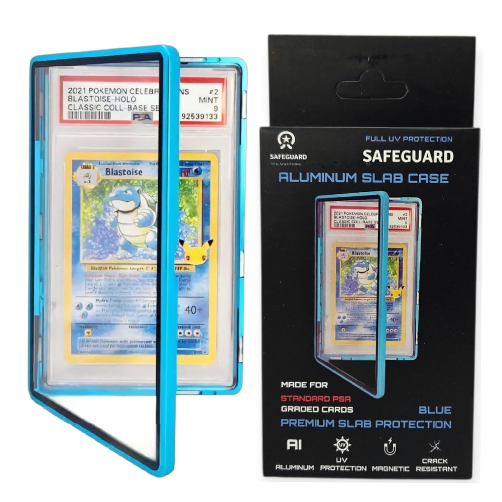 Safeguard TCG Solutions blue UV-resistant aluminum case safeguards collectibles.