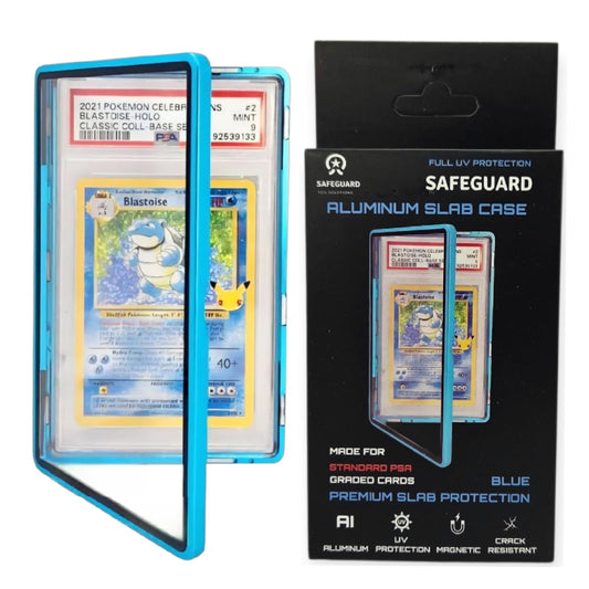 Safeguard TCG Solutions blue UV-resistant aluminum case safeguards collectibles.