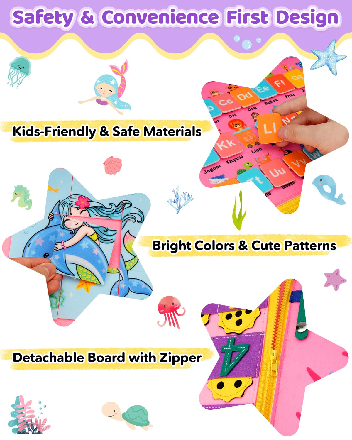 SaFeli Busy Board alphabet, numbers, and shapes pages support early learning.