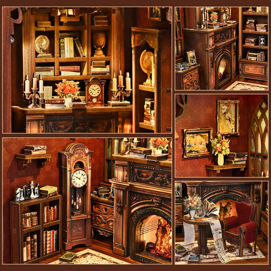 Sagiterra Book Nook Kit miniature room shows cozy bookshelf decor ideal for home displays.