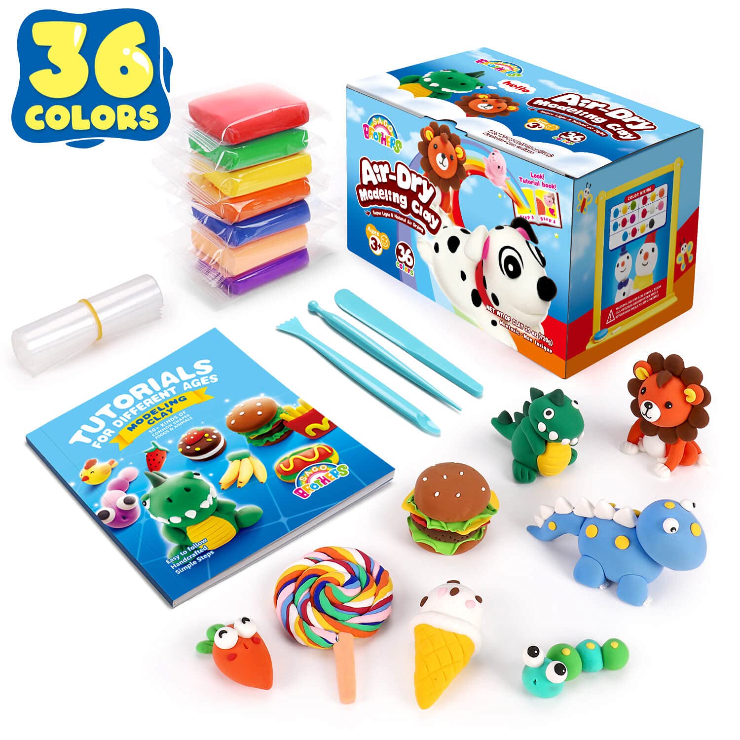 Sago Brothers 36-color air dry clay palette for creative play and color exploration.